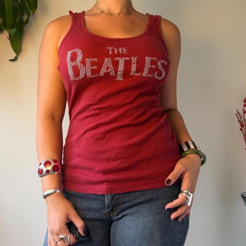 The Beatles Red Rhinestone Graphic Ribbed Tank Top Y2K Indie Sleaze Large